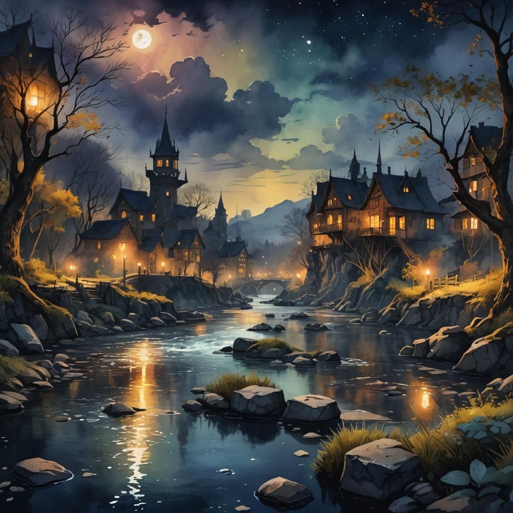 Night River Watercolor Painting in Detailed Matte Style