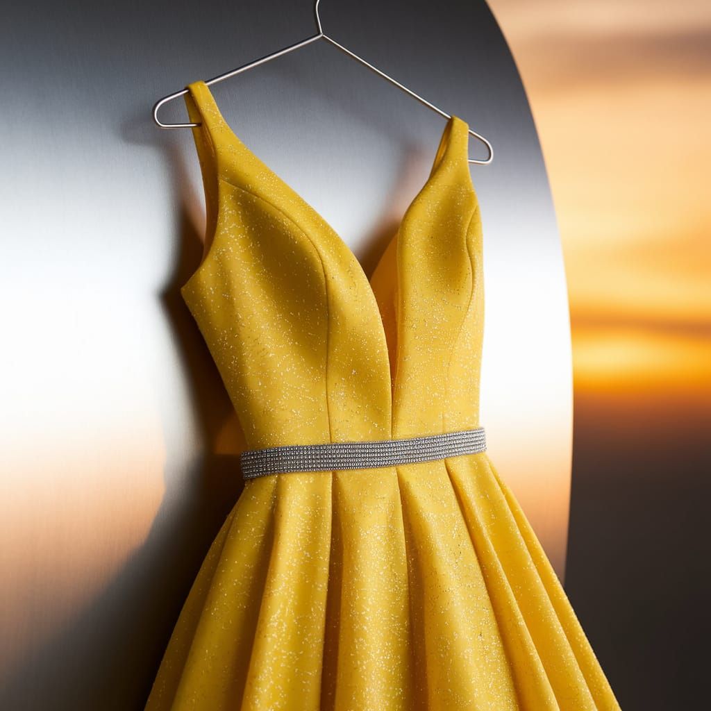 Sleek Modern Yellow Dress in Silver Mannequin Setting