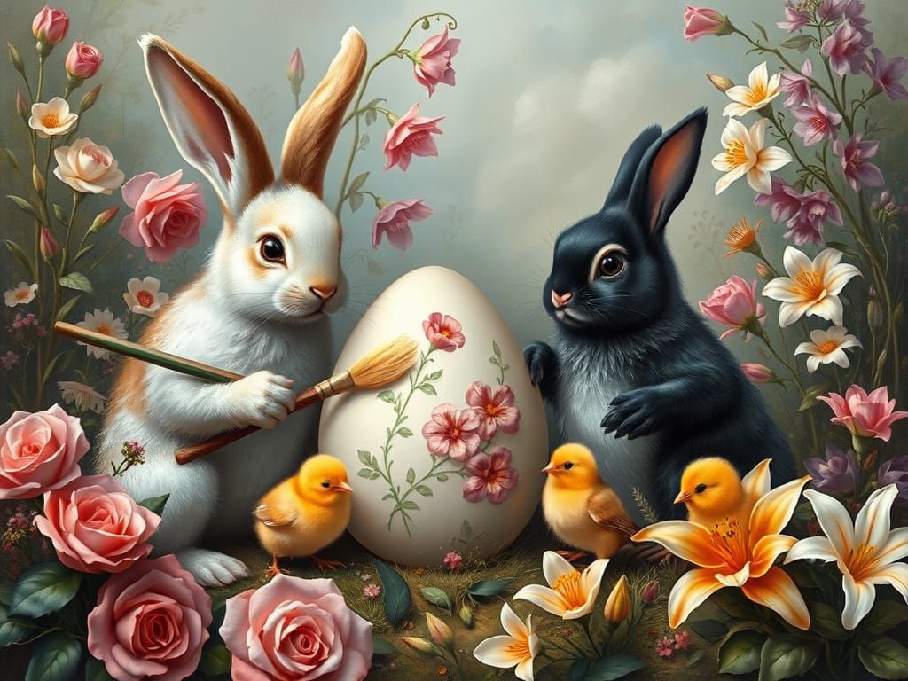 Whimsical Easter Scene with Bunnies Painting Eggs