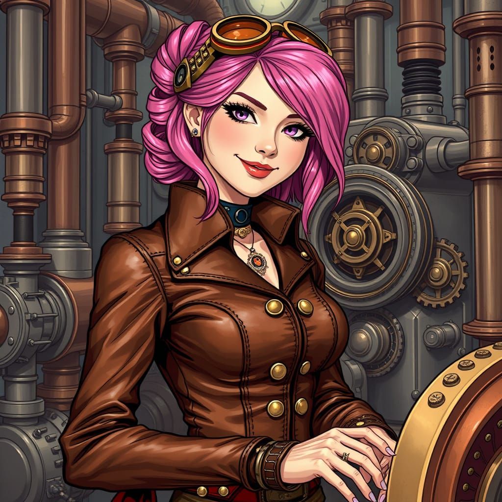 Steampunk Mechanic Woman Repairs Machine in Syd Mead Style