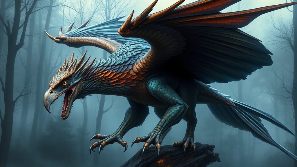 Ethereal Dragon-Harpy Hybrid in Mystic Forest