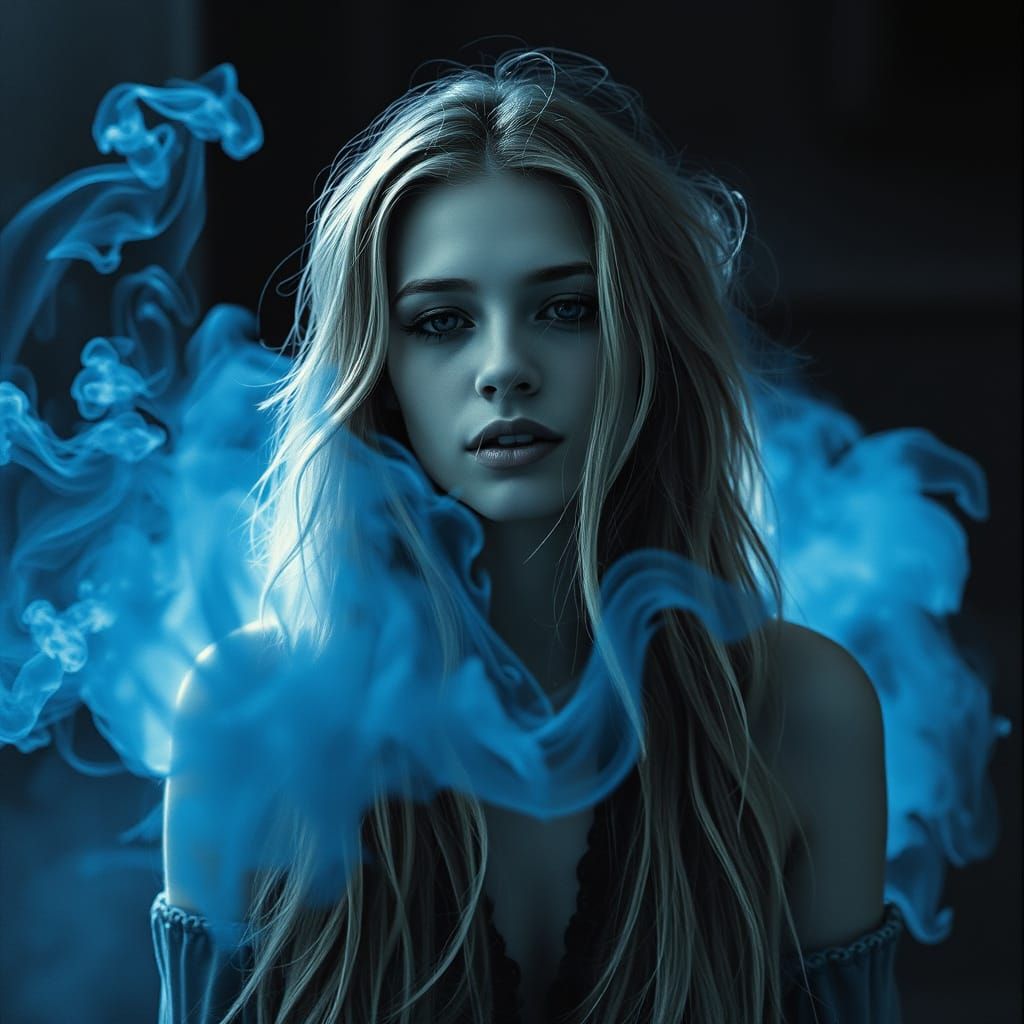 Ethereal Hippie Girl in Blue Smoke and Charcoal-Inspired Fil...