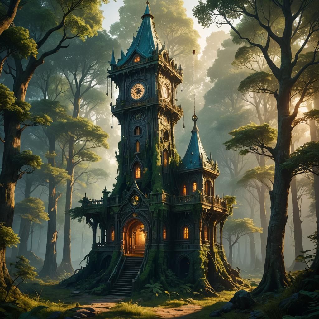 Pendulum Tower in Deep Forest: 8K Detailed Matte Painting