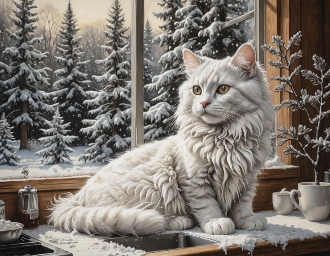 Creamy Cat in Kitchen: Hyperdetailed Charcoal Drawing