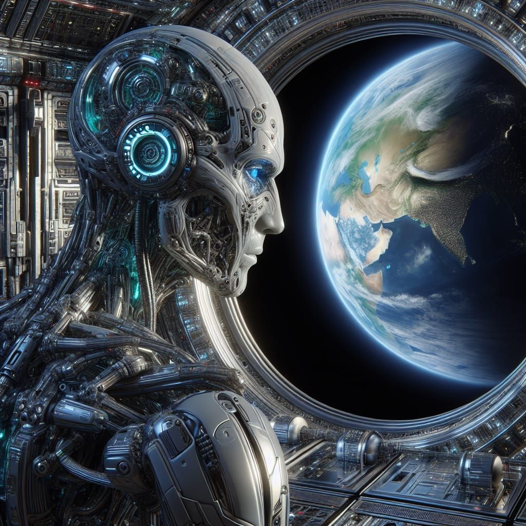 Cybernetic Humanoid Gazing at Earth from Spaceship