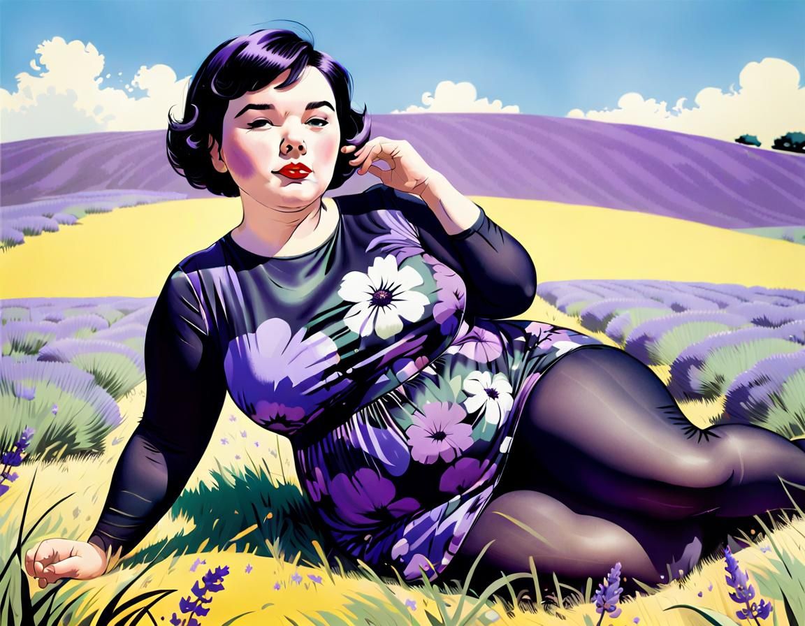 Pop Art Woman Relaxing in Lavender Field
