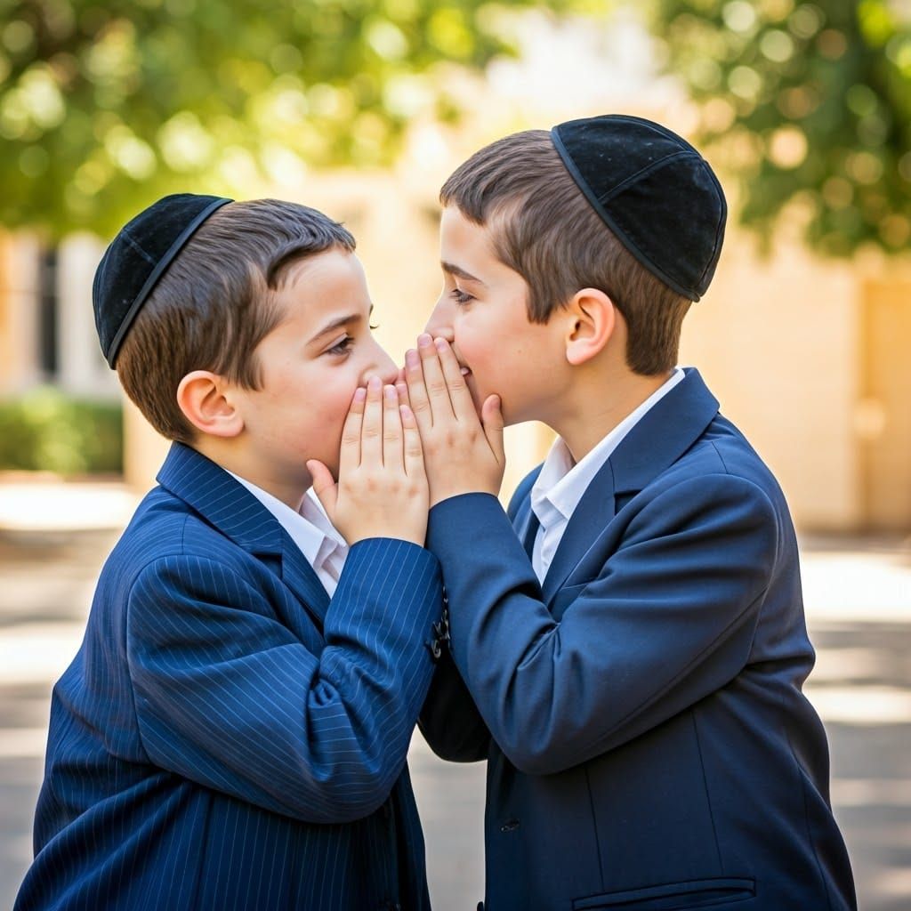 Orthodox Jewish Boys Share Secret in Warm Courtyard Scene
