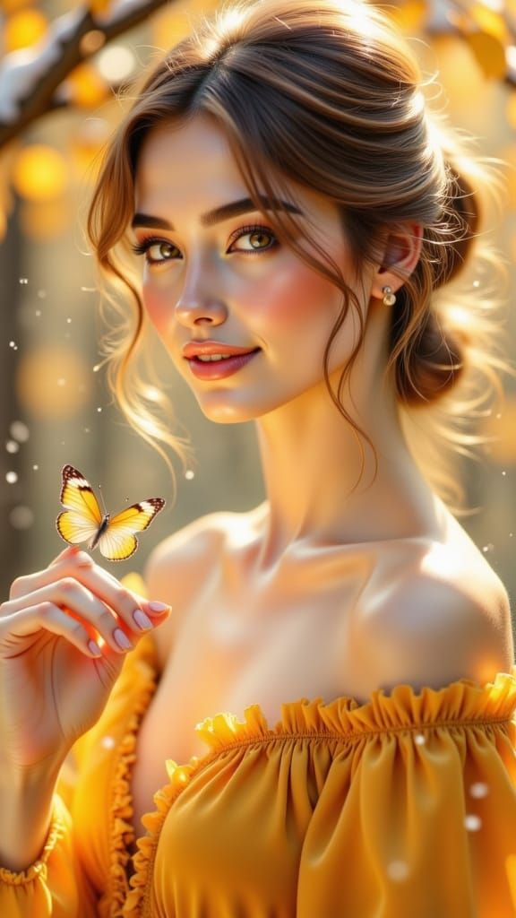 Beautiful Girl with Butterfly in Autumn Sunlight