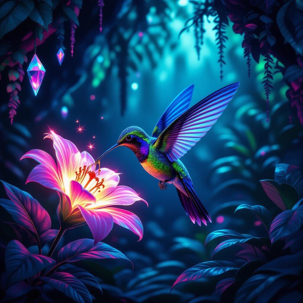 Bioluminescent Hummingbird in a Glowing Grotto