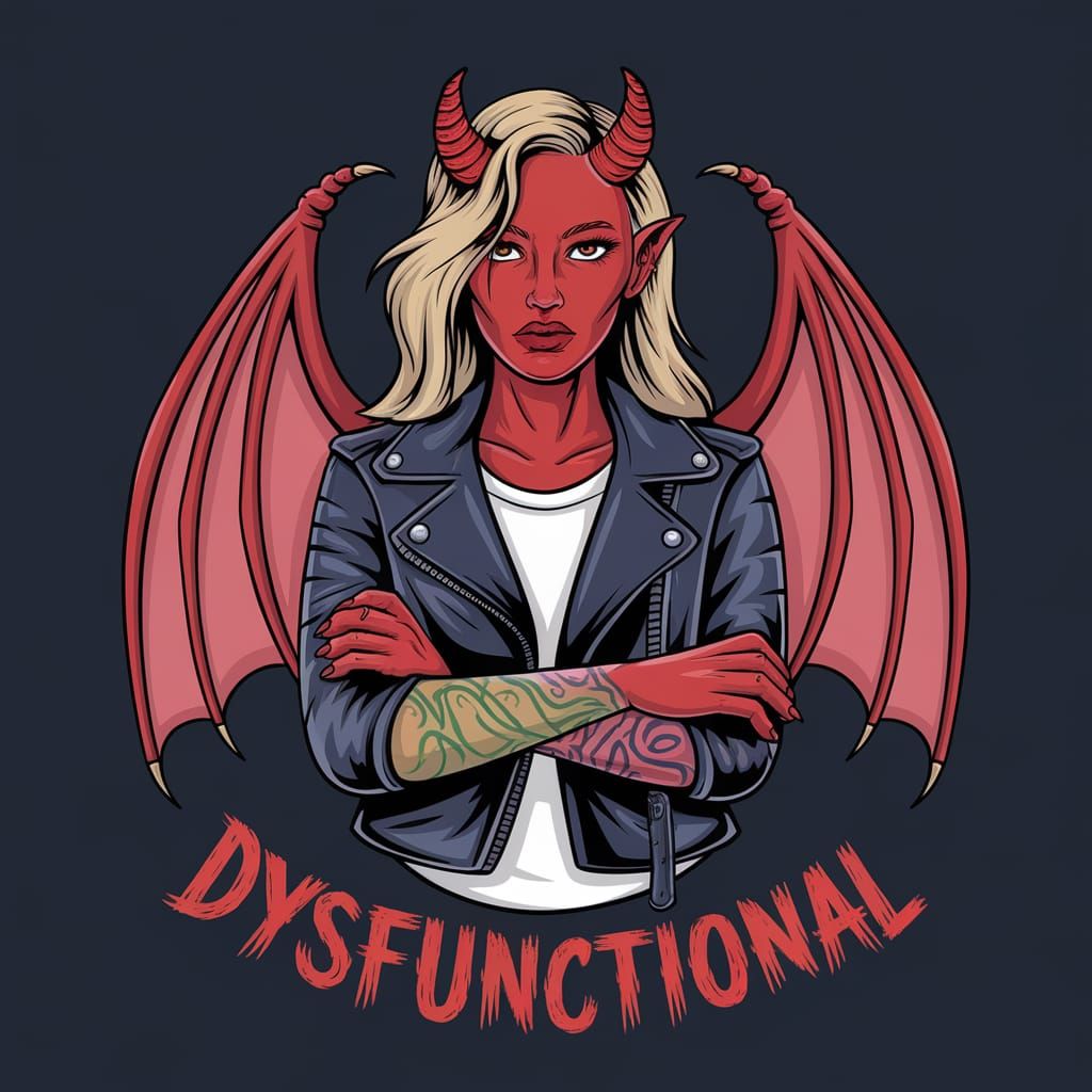 Blonde Demon with Horns, Wings and Tattoos