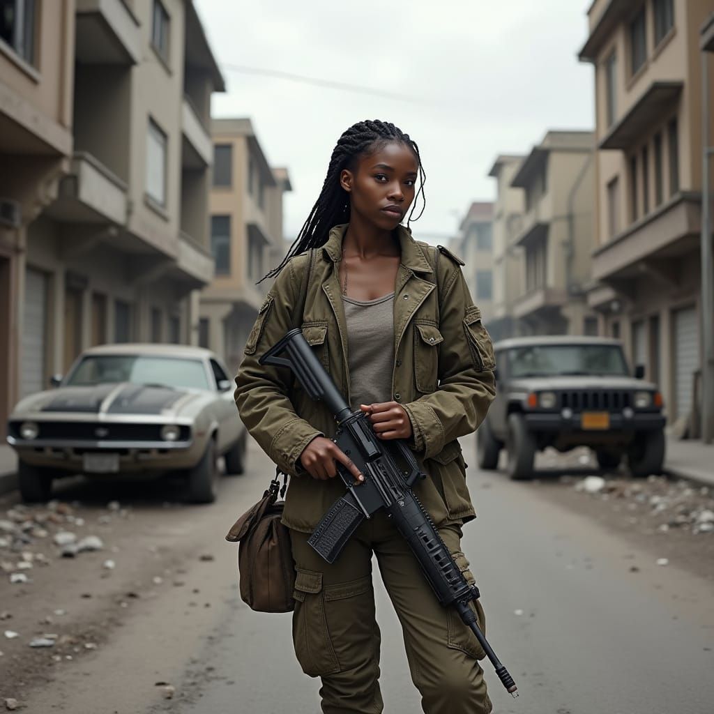 African American Woman in Wartorn City with Armored Car