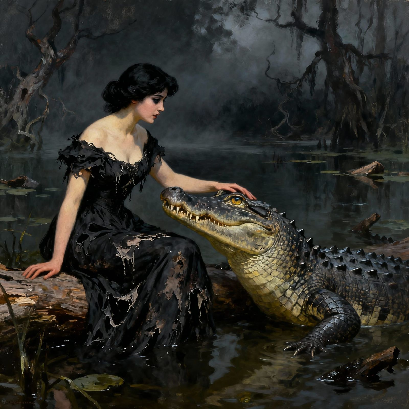 Impressionistic Oil Painting of Bayou Witch and Alligator