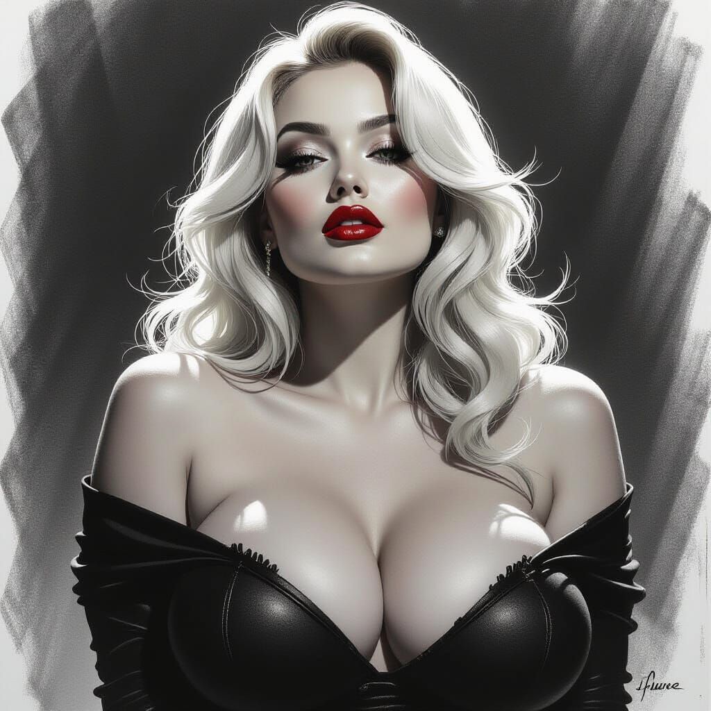Voluptuous Blonde Woman Portrait in Charcoal Style