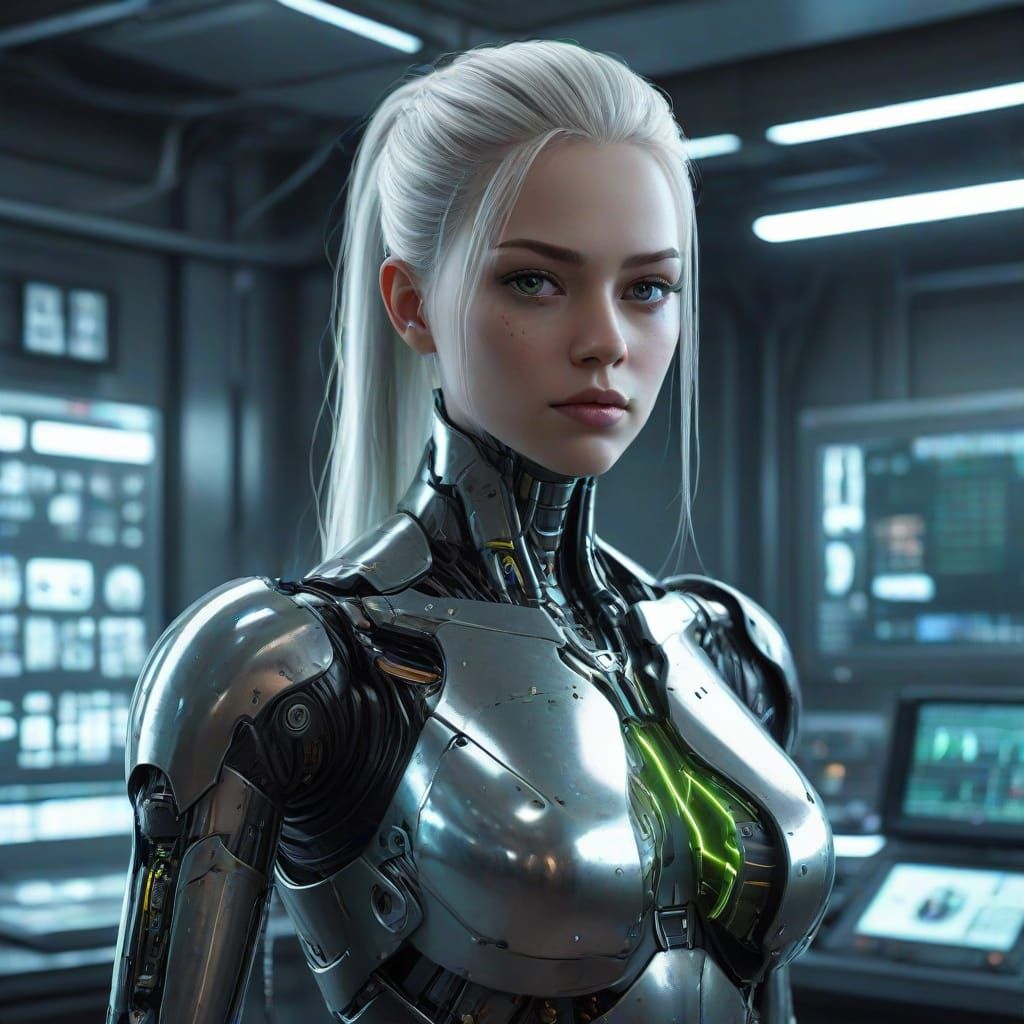 Android 16 in Futuristic Laboratory Scene