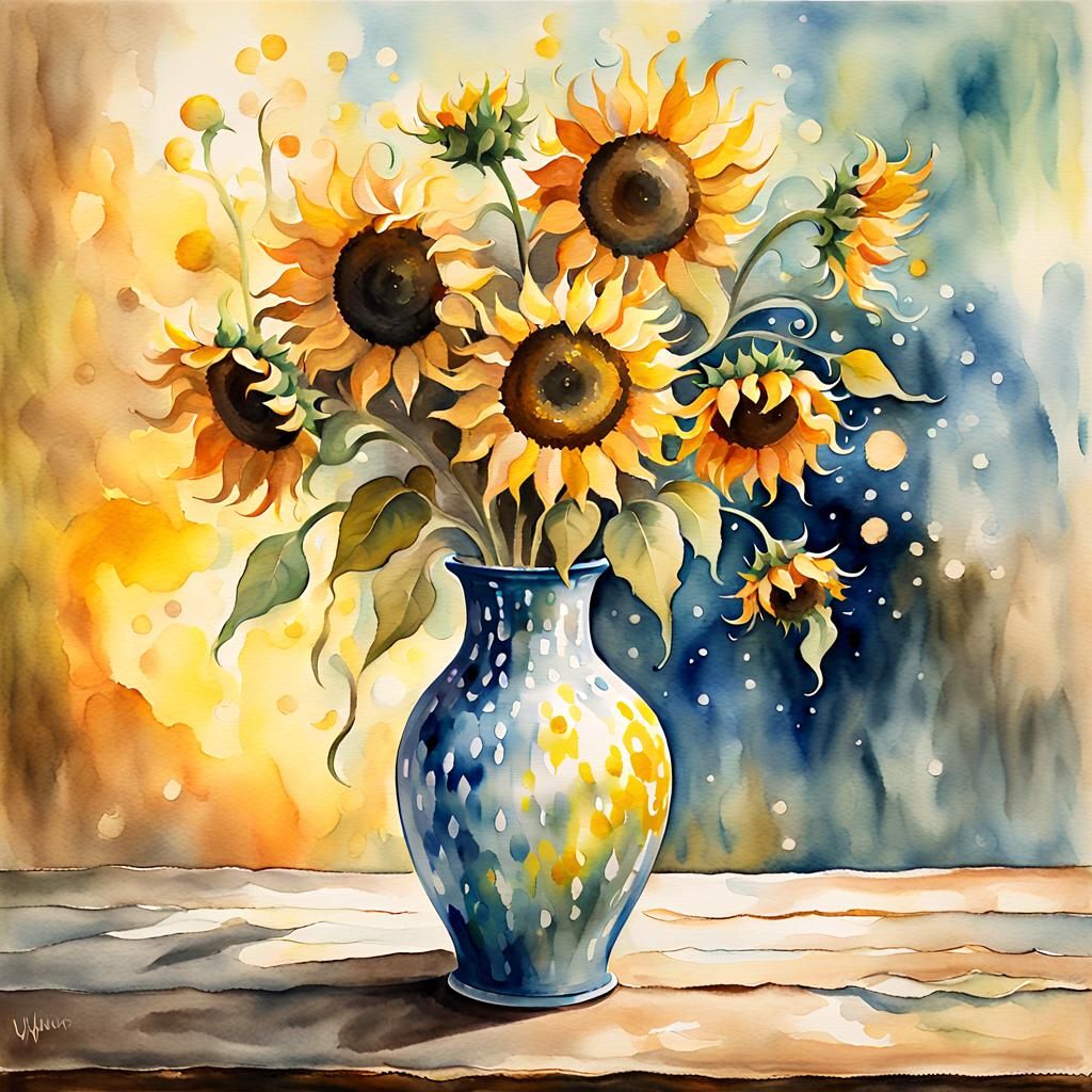 Sunflowers in a Whimsical Watercolor Vase