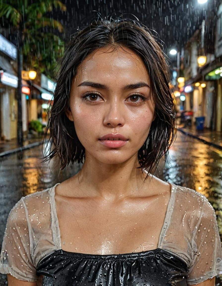 Indonesian Woman in Rainy Tropical Street at Night