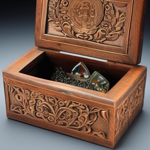 Carved Wooden Box Filled with Gemstones