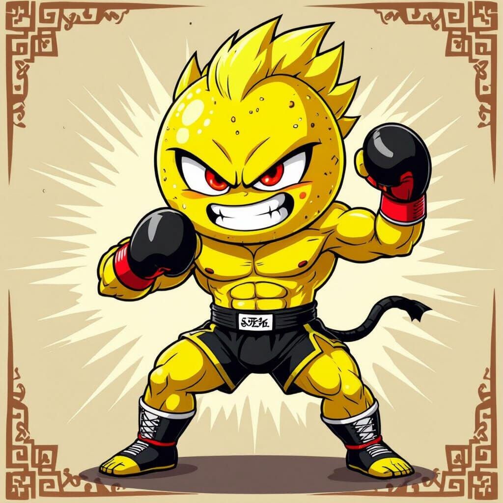 Green Lemon Muay Thai Fighter Character in 2D Animation Styl...