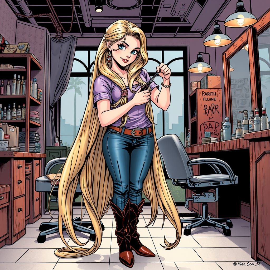 Rapunzel as Hair Stylist in Comic Book Art