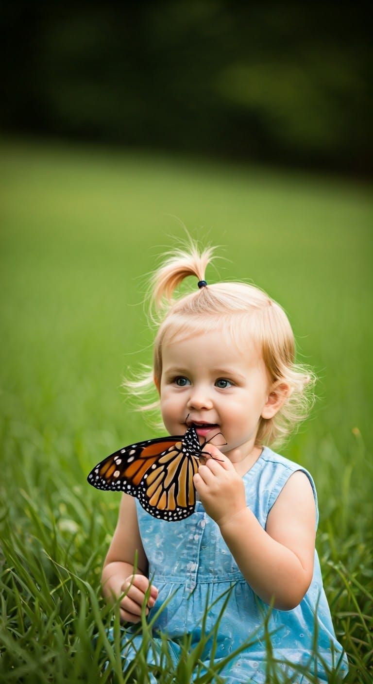 Monarch Butterfly Lands on Baby in Grass