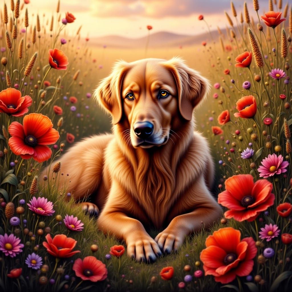 Golden Retriever in Impressionist Landscape with Dreamy Ligh...
