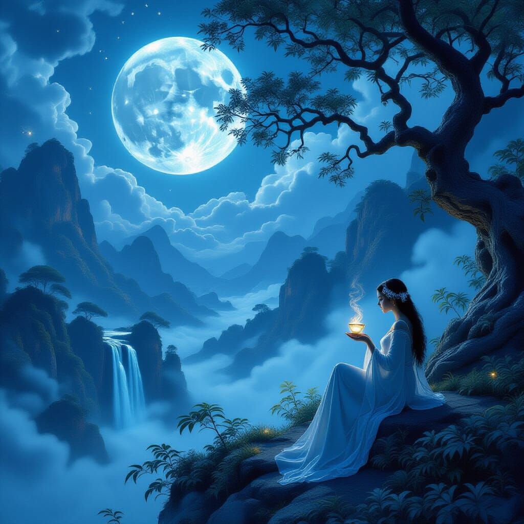 Ethereal Twilight Landscape with Luminous Figures