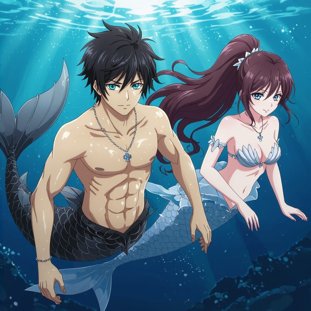 Anime Mermen and Mermaids Swimming Underwater