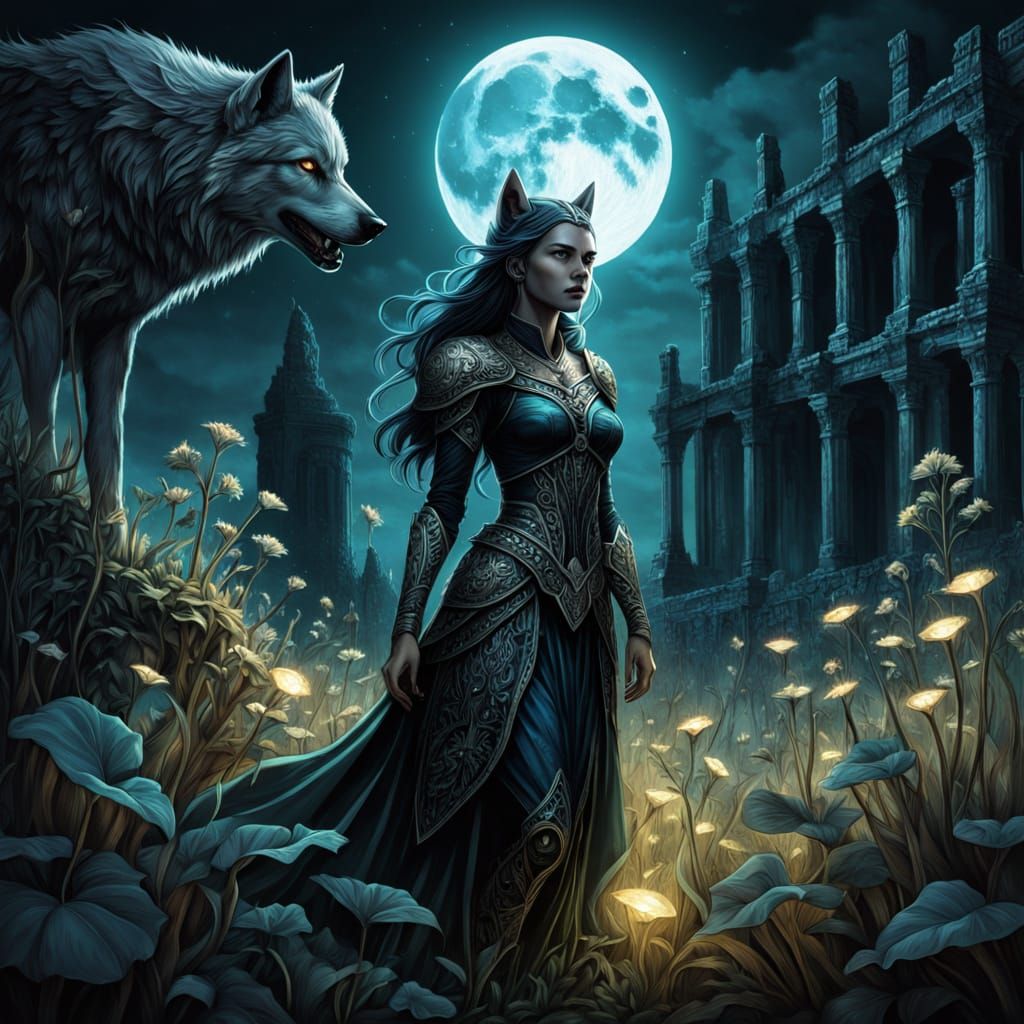 Mystical Woman and Spectral Wolf in Dark Fantasy