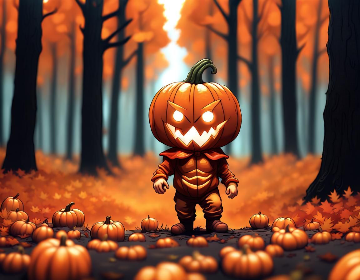 Chibi Baby with Jack-o-Lantern in Autumn Forest
