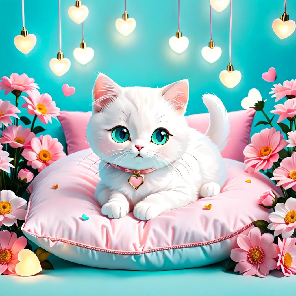 Cute White Cat with Flowers and Heart Lights
