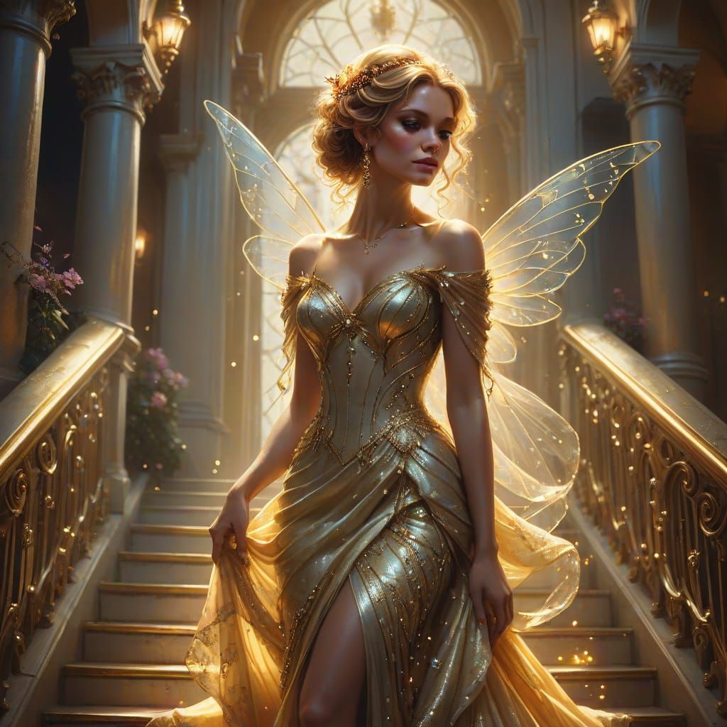 Fairy in Golden Splendor Descends a Grand Staircase in a Cin...
