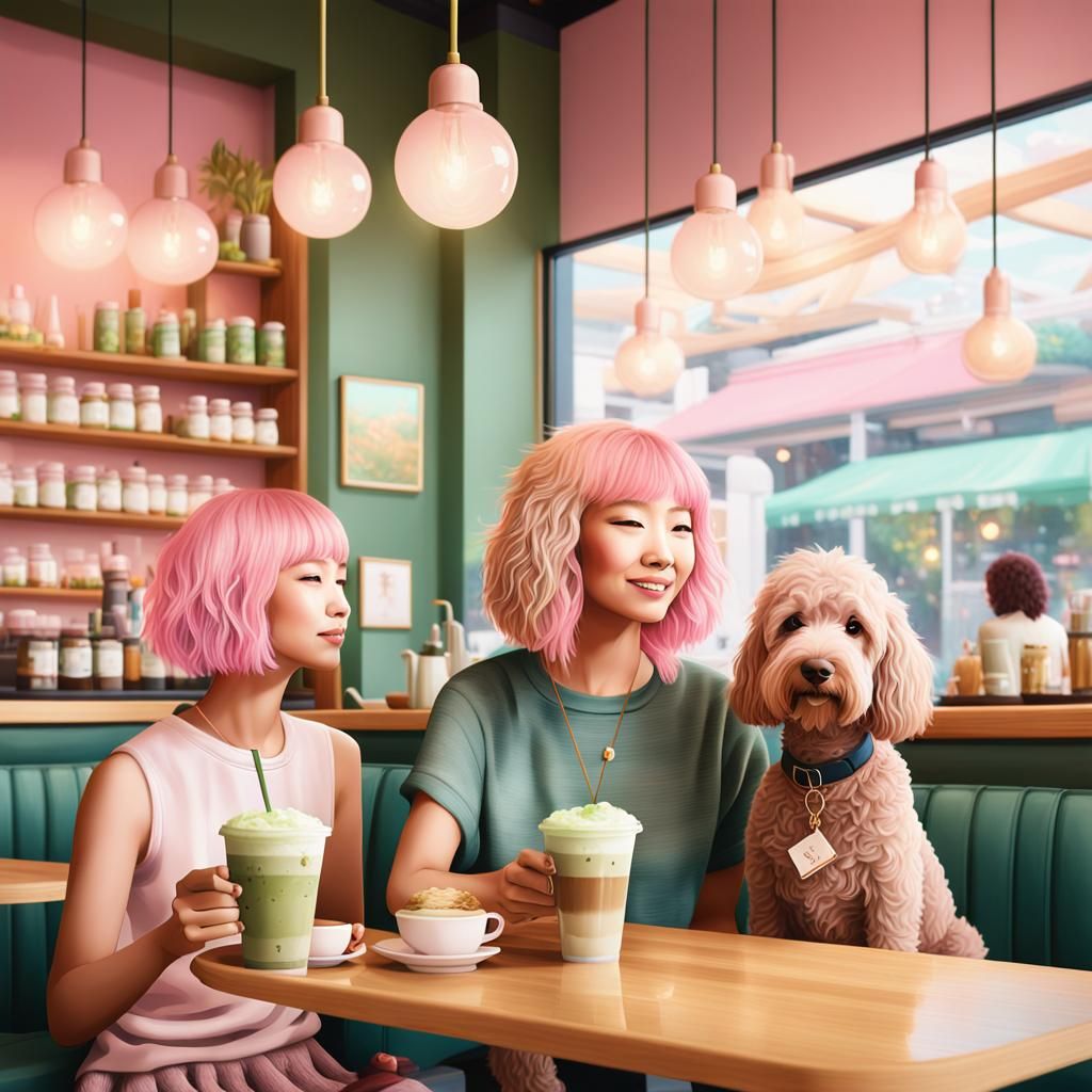 Asian Woman with Labradoodle in Cafe: Oil Painting