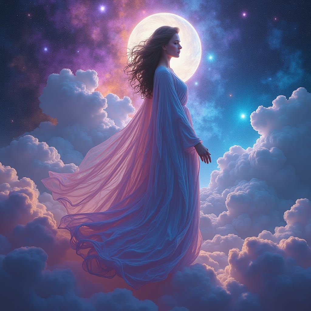 Ethereal Woman in Cosmic Dreamscape, Digital Art