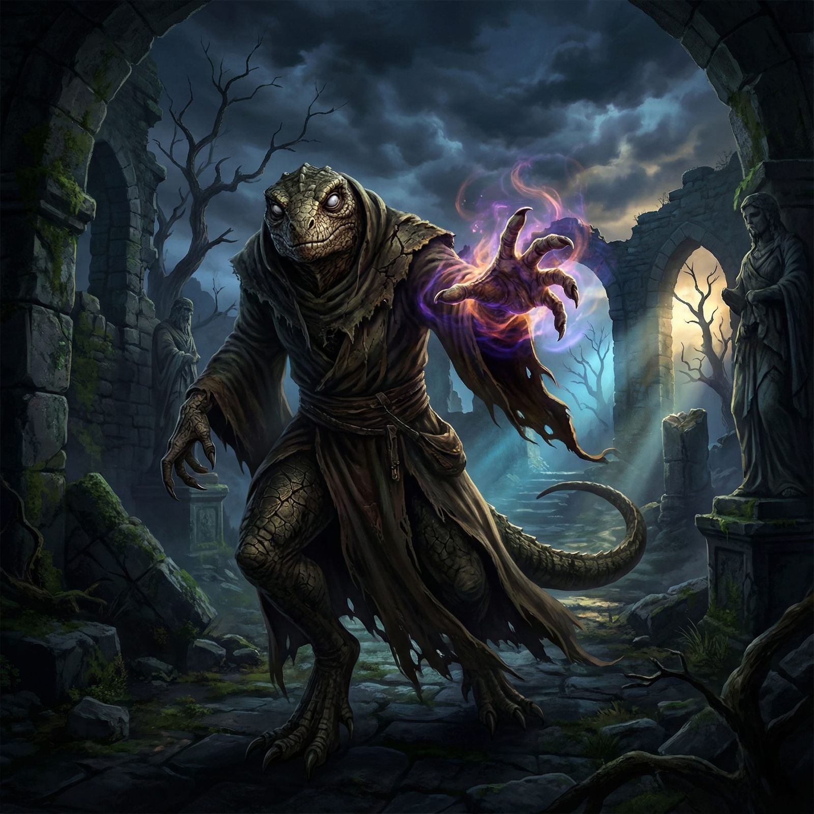 Ancient Lizard Sorcerer in Dark Fantasy Scene