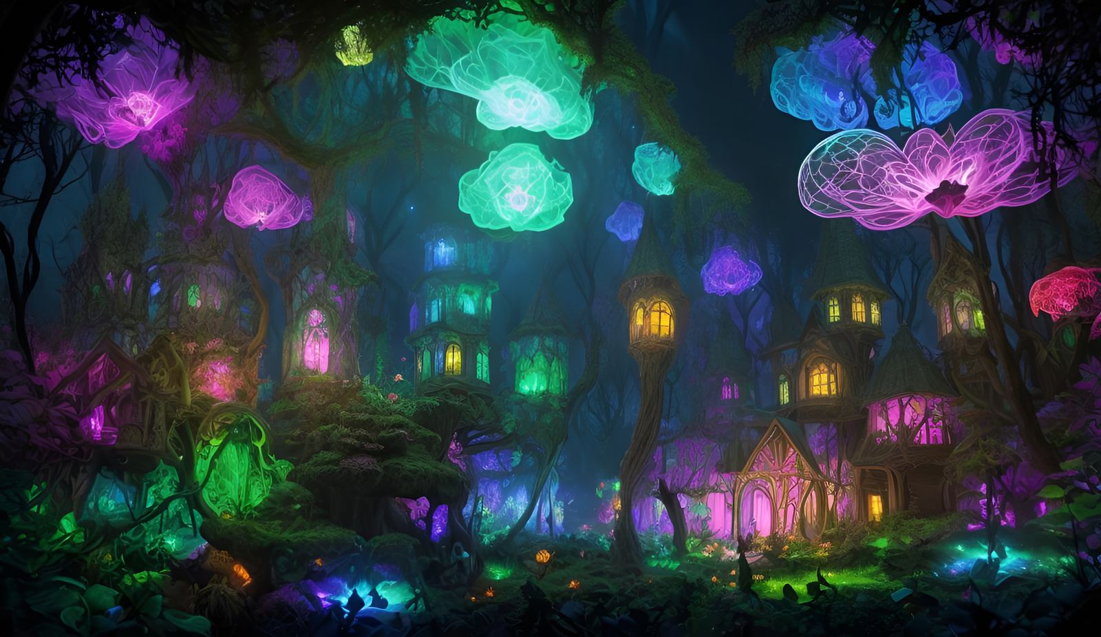 Bioluminescent Cottage in Mystical Dark Forest