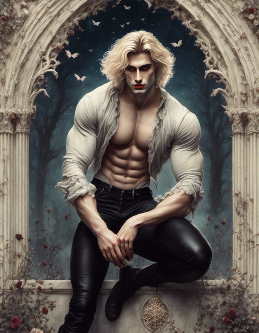 Blonde Vampire Contemplating Eternity in Twilight Graveyard