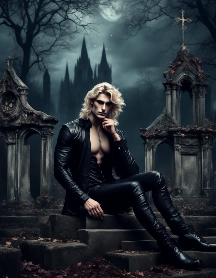 Blonde Vampire Contemplates Eternity in Twilight Graveyard