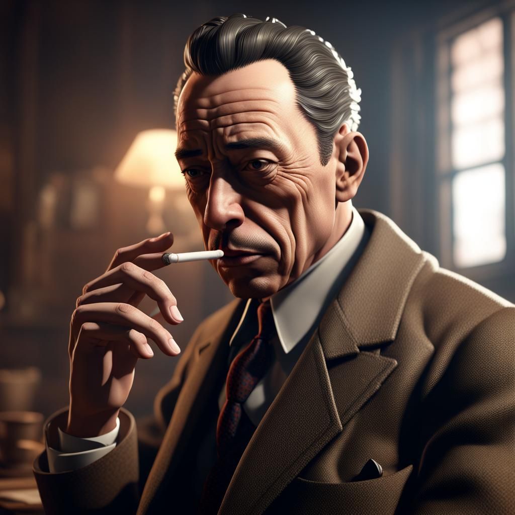 Albert Camus Smoking: 3D Game Cinematic Graphics