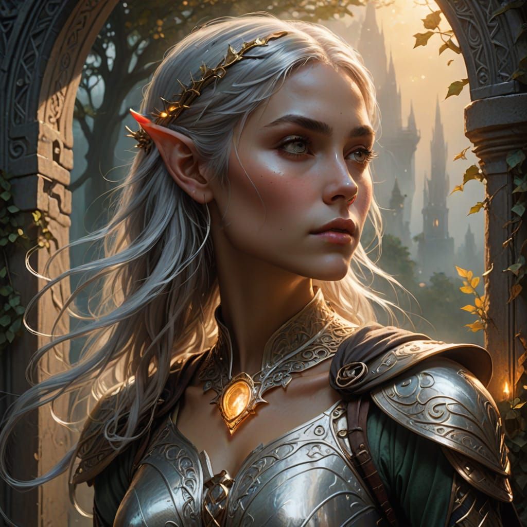 Elf Huntress at Shimmering Portal in Photorealistic Style