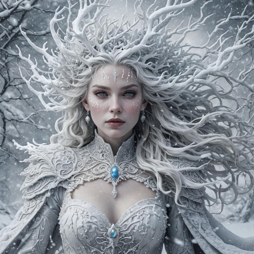 Art Nouveau Snow Witch in Blizzard
