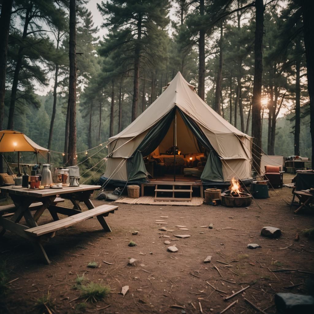 Cinematic Glamping Film Still: Atmospheric and Dramatic