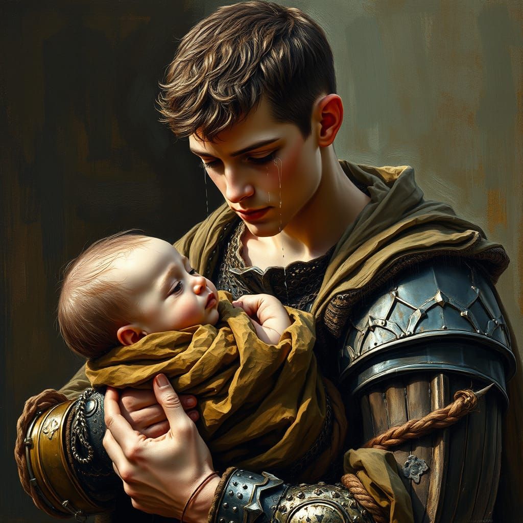 Medieval Warrior and Child as Impasto Oil Painting