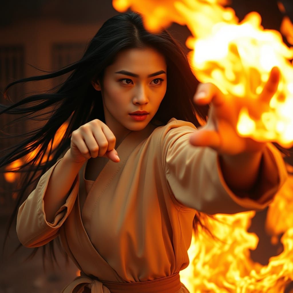 Asian Woman Karate Punch in Raging Fire