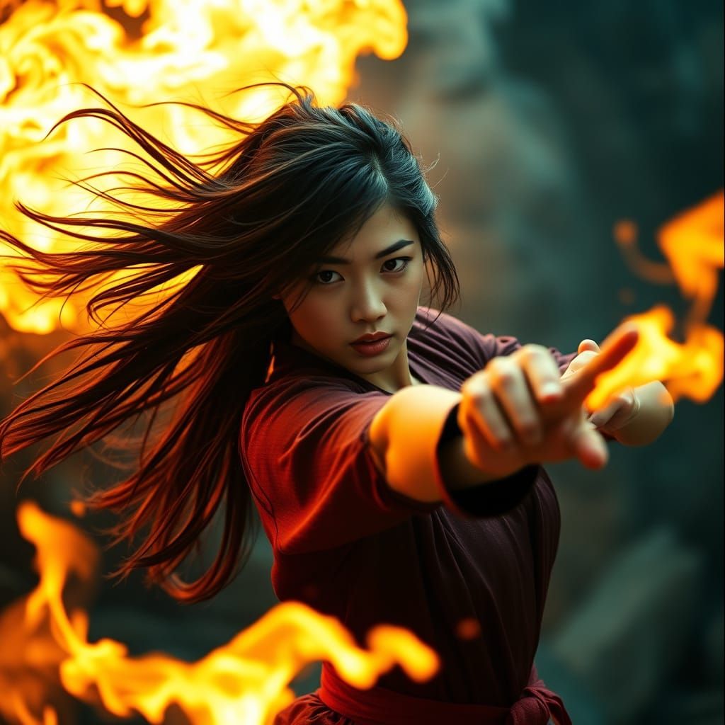 Fiery Karate Punch: Cinematic Asian Woman in Action