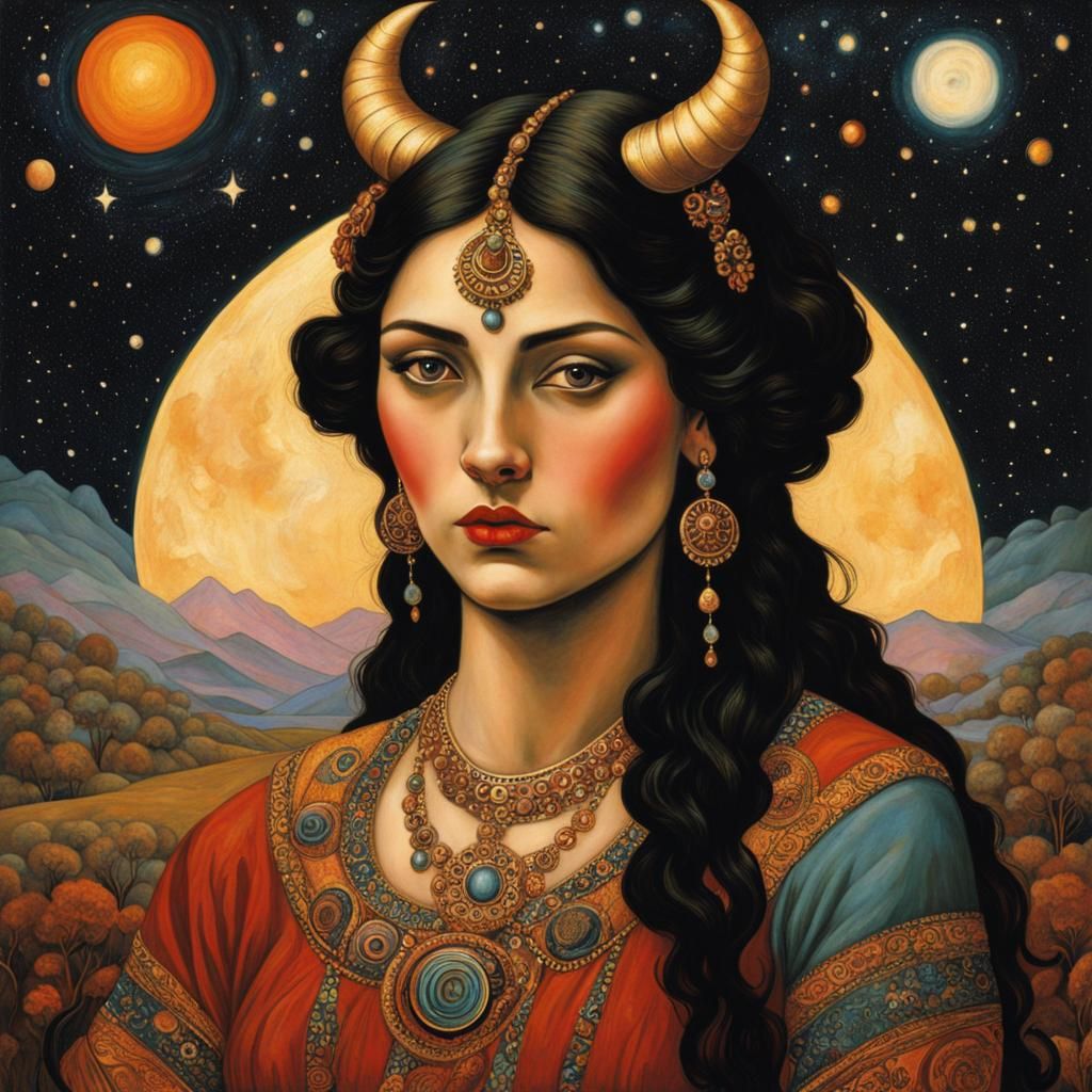 Taurus Goddess in Cosmic Psychedelic Art Style