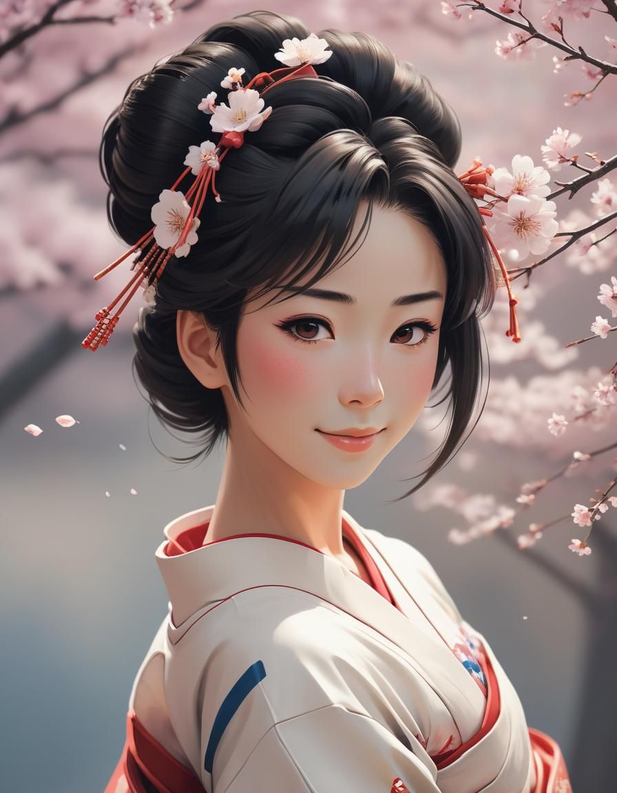 Smiling Geisha with Sakura in Anime Style