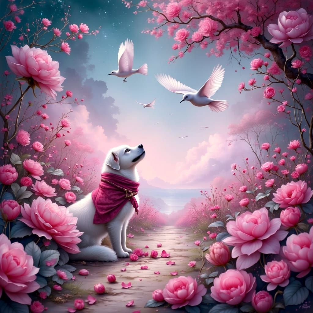 Dreamy Pink Ethereal Scene with Bird in Flight and Hidden Ga...