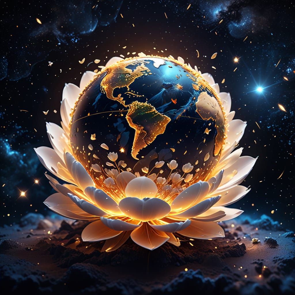 Holographic Flower Petals Over Earth in Space