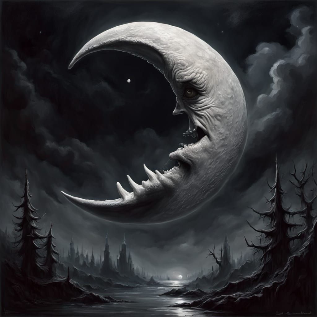 Surrealistic Crescent Moon with Sinister Smile