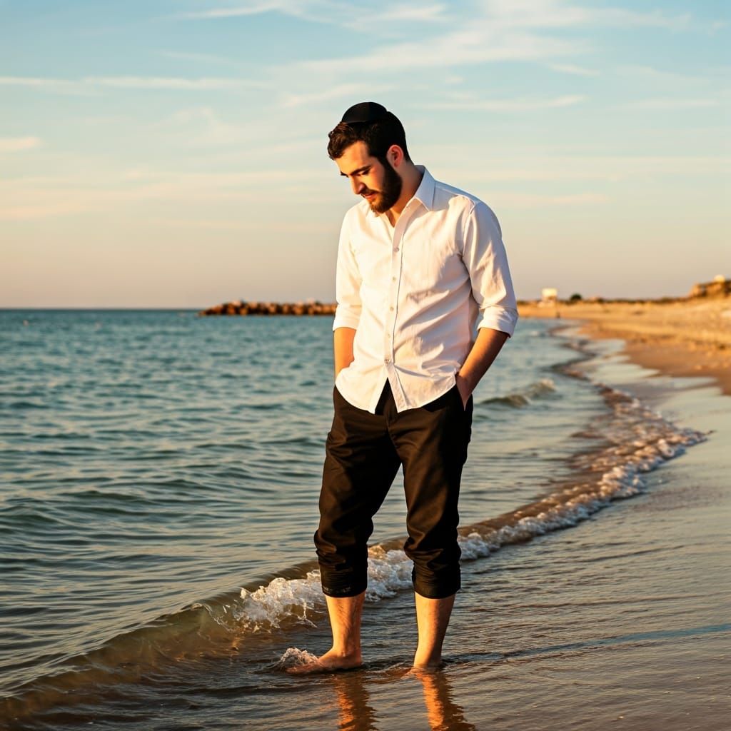 Contemplative Figure on Beach at Sunset